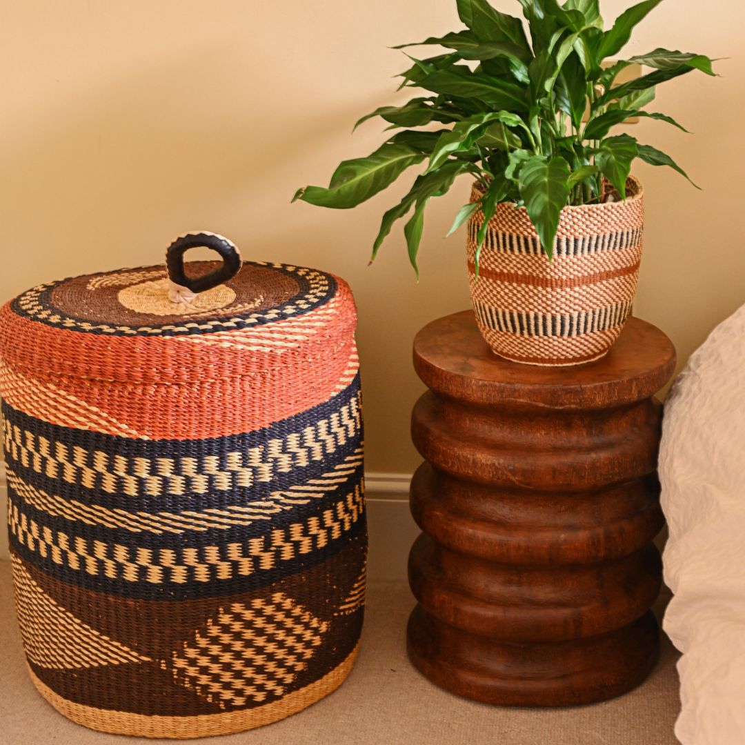 Lidded Handwoven Laundry Basket - Medium, Navy + Earth Tones