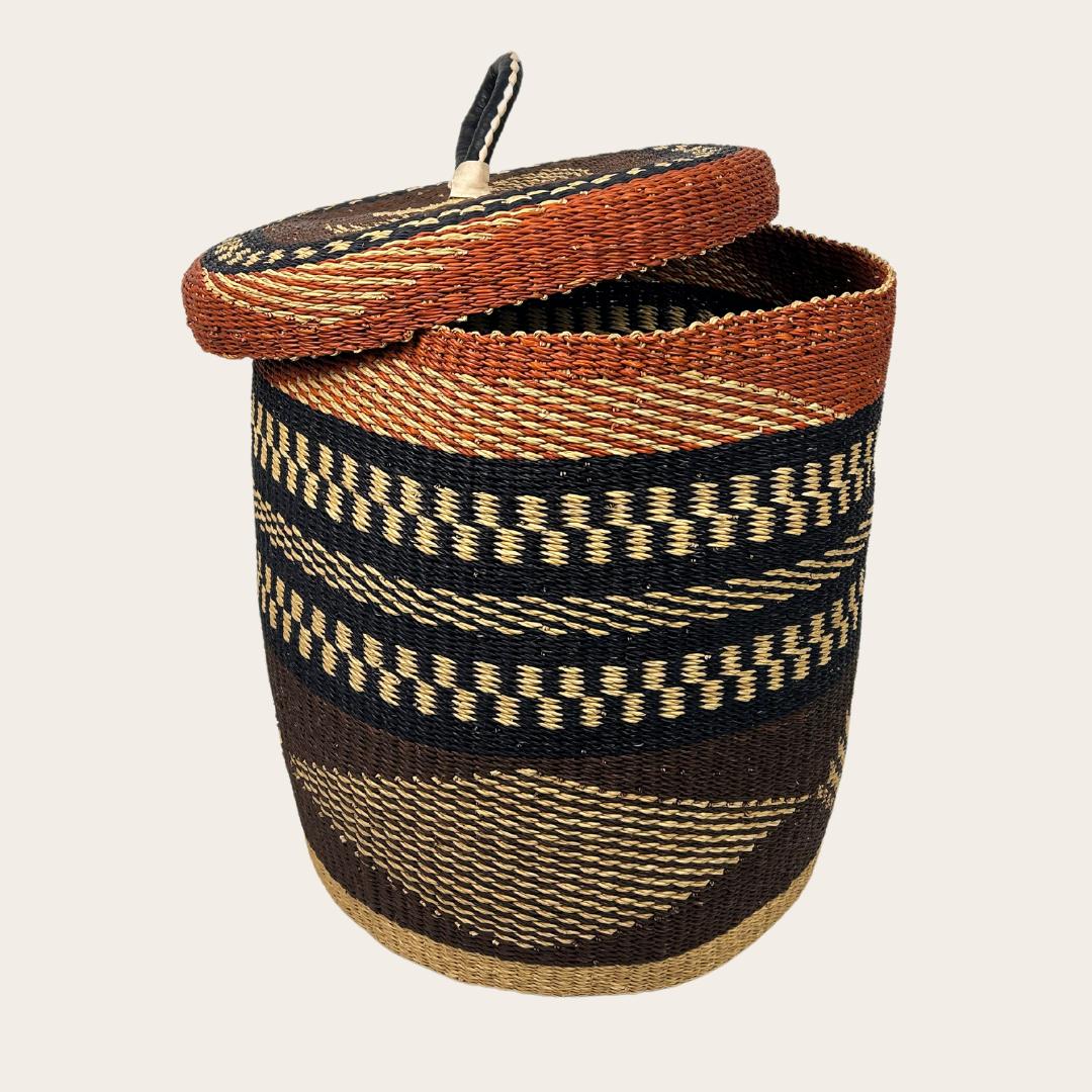 Lidded Handwoven Laundry Basket - Medium, Navy + Earth Tones