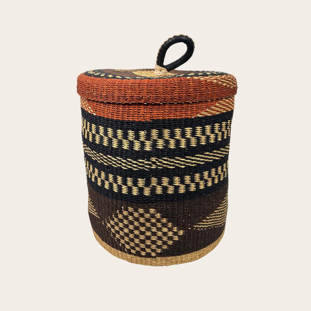 Lidded Handwoven Laundry Basket - Medium, Navy + Earth Tones