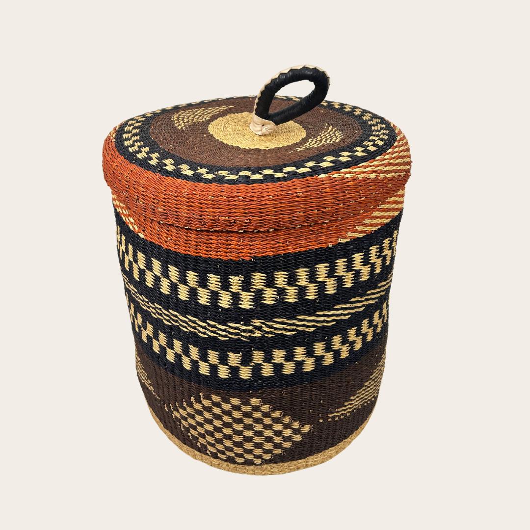 Lidded Handwoven Laundry Basket - Medium, Navy + Earth Tones